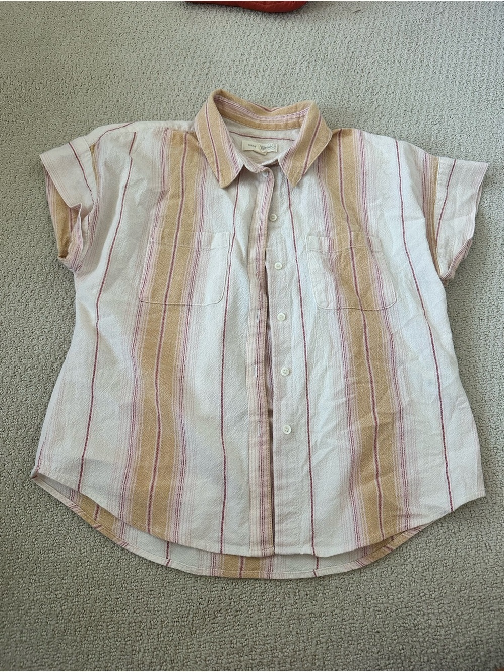 Treasure & Bond Short-Sleeve Button-Down Shirt in Cream, Tan & Pink Stripe